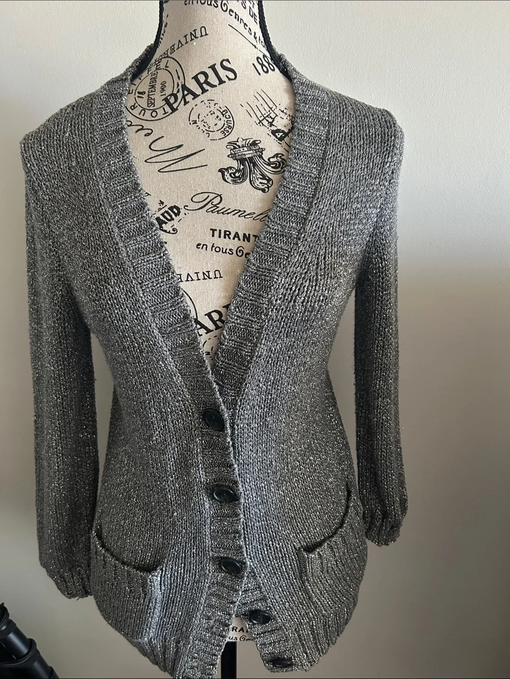 J. Crew Metallic Gray V-Neck Button Front Cardigan